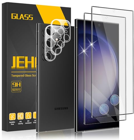 JEHOO for Samsung Galaxy S23 Ultra Screen Protector, 2 Pack Tempered Glass and 2 Pack Camera Lens Protector, Support Fingerprint Unlock, Scratch Resistant, Bubble Free 9H Tempered Glass Film