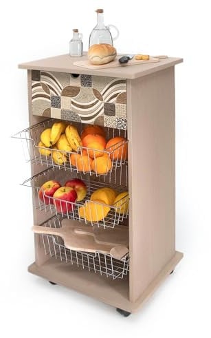 Lupia - Carrello Cucina Multifunzione Vintage LEAVES TILES, Portafrutta Ruote Piroettanti, Piano di Appoggio, tre Cestelli Estraibili in Acciaio, Legno 40X45H85 cm montato