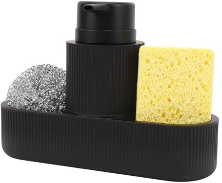 Dispensador de jabón para platos, multifuncional, fácil de limpiar, juego de bolas de estropajo de resina, para cocina, color negro
