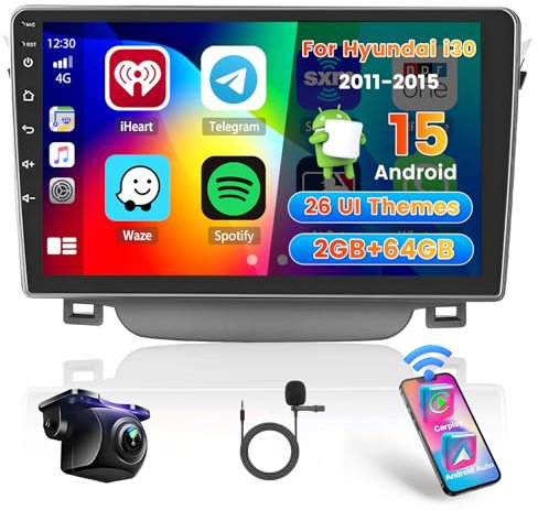 Hikity 2+64GB Pantalla Android para Hyundai i30 2011-2015 Inalámbrico Carplay Android Auto, 9 Pulgadas Pantalla Táctil Estéreo Autoradio Bluetooth con WiFi GPS EQ FM/RDS SWC Cámara Trasera