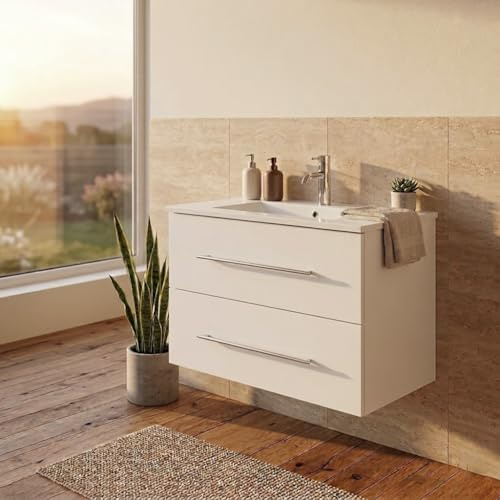 Lomadox Bad Badezimmer Gästebad Waschplatz Waschtisch Waschtisch 80 cm in weiß Hochglanz