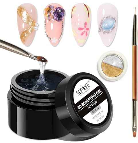 SUPWEE Gel 3D pour nail art, gel de sculpture semi-solide gels de modelage transparent multifonctionnel pour strass breloques colle, poudre chromée pour ongles sculpture pour bricolage à domicile