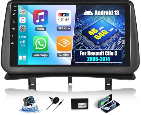 OiLiehu 4+64GB Android 13 2 DIN Carplay Android Auto para Renault Clio 3 2005-2014 Pantalla Radio Coche 9 Pulgadas con Mirror Link Bluetooth FM RDS GPS WiFi SWC EQ Cámara Trasera Coche