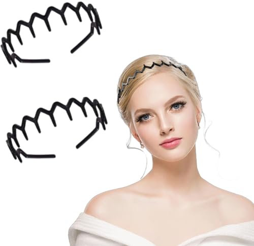 Lot de 2 serre-têtes en forme de zigzag, bandeaux en plastique antidérapants pour cheveux en forme de vagues, pour femmes et hommes, pour le sport, l'extérieur, le quotidien (2 noirs)