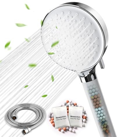 Newentor Shower Head and Hose with Filter,6 Spray Modes High Pressure ShowerHead and Hose(1.5M), Hard Water Filter Shower Head, Handheld Showerhead for Residual Chlorine Remove,Silver-White