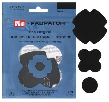 Prym FabPatch STRETCH Rub-on Patch (3 Stück) – Selbstklebende bi-elastische Reparaturflicken für Sportbekleidung, Leggings, Jacken & Sneaker (schwarz)