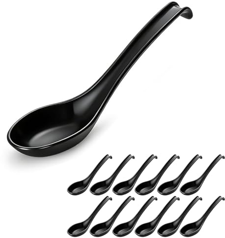 Berglander Asian Soup Spoons 12pcs, Plastic Chinese Won Ton Soup Spoon for Soba, Pho, Noodle, Japanese Ramen, Chinese and Vietnamese Wonton, Korean Style Large Spoon with Long Handle