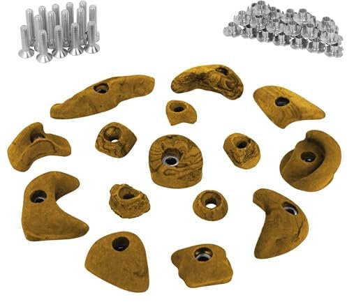 ALPIDEX 15 Klettergriffe | Starterset | Inklusive Schrauben, Einschlagmuttern | Klettersteine | Größen L, M, S | Verschiedene Formen Größen | Klettergriffset, Farbe:gelb-meliert