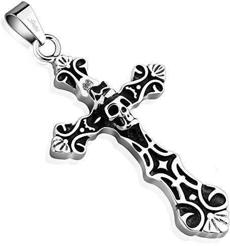 Bungsa Anhänger Totenkopf Kreuz silber Edelstahl (Kettenanhänger Pendant Charm Beads Chirurgenstahl Damen Herren Schmuck Cross Skull)