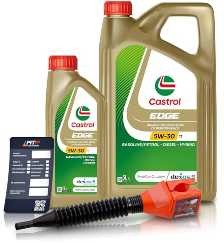 1 L + 5 L = 6 LITER CASTROL Edge Fluid Titanium 5W-30 C3 Motoröl inkl. Castrol Ölwechselanhänger und Einfülltrichter