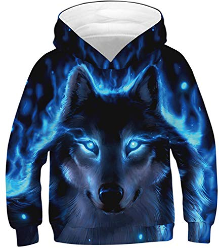 Ocean Plus Jungen Kapuzenpullover Bunt Teens Hoodie Kinder Langarm Pulli mit Kapuzen Sweatshirt Unisex Pullover (L (Körpergröße: 145-150cm), Blauäugiger Schwarzer Wolf)