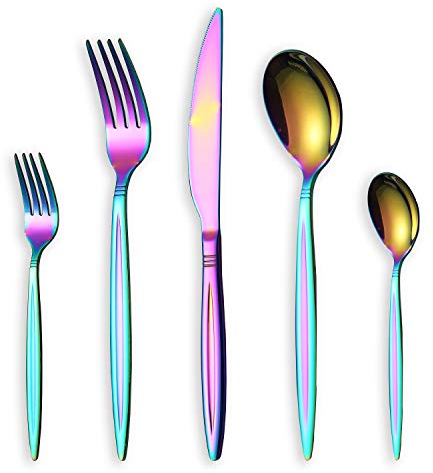 HOMQUEN Ensemble de Couverts Colorés de 30 Pièces, Couverts en Argent, Ensemble de Couverts Colorés en Titane, Ensemble de Services pour 6 (Arc-en-Ciel Brillant)