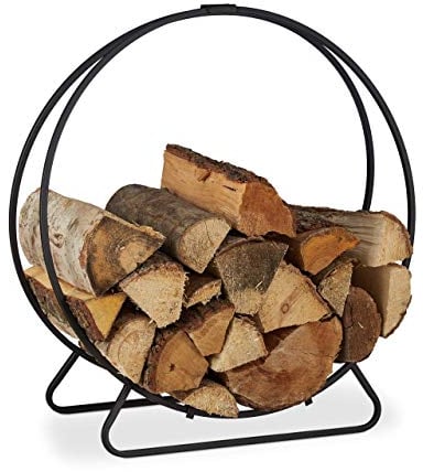 Relaxdays Leñero Interior Circular, Portaleña, Almacenaje Leña, Metálico, Acero, Negro, 65 x 61 x 26 cm