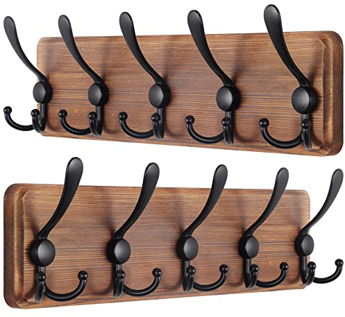 SKOLOO Garderobenleiste Holz, Vintage, Stabile Kleiderhaken Wand mit 5 Dreifachhaken, 2er-Pack, zum Aufhängen von Kleidung, Mantel, Hüten, Jacken, Rucksack, Hakenleiste Holz Vintagebraun