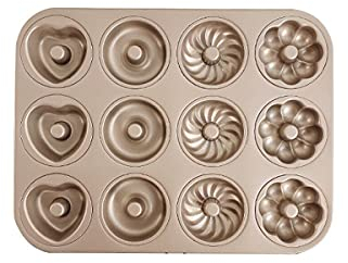 KiNeX Donut-Pfanne Kuchenform, Mini Donutform 12 Hohlräume Antihaft-Donut-Backformen, Kohlenstoffstahl-Donut-Form, 4 Shape