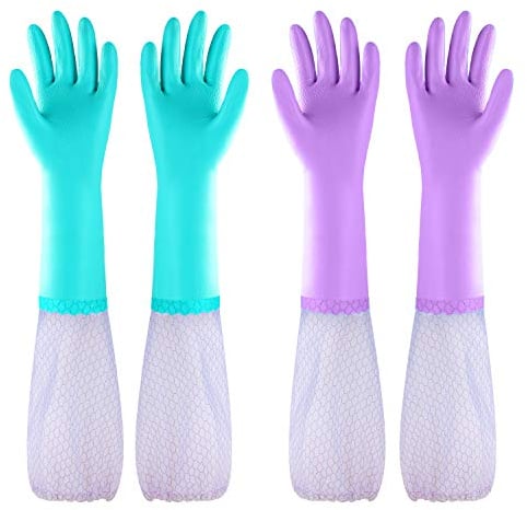Eygood Haushaltshandschuhe Latexfrei Wasserdicht Putzhandschuhe mit Baumwolle Innenfutter Langarm Gartenhandschuhe Wiederverwendbare Spülhandschuhe für Küche, Garten, Badezimmer, Spülen (2 Paare)