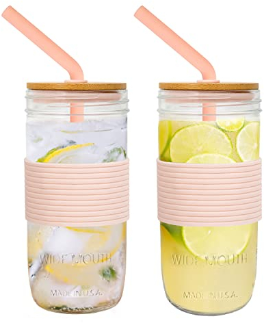 ANOTION Wide Mouth Mason Jar Drinking Glasses Tumbler, 24oz, with Lid and Straw, 2 Pack
