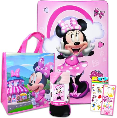 Disney Minnie Mouse Fleece Blanket Sleepover Set for Girls - Bundle with 45x60 Inch Minnie Throw Blanket, Drawstring Bag, Stickers and More (Minnie Mouse Room Decor)