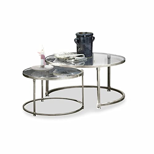 Loberon Couchtisch 2er Set Kabala, Zwei Größen, Ineinander Schiebbar, Wohnzimmertisch, Sofatisch, Aluminiumguss, Glas, Silber