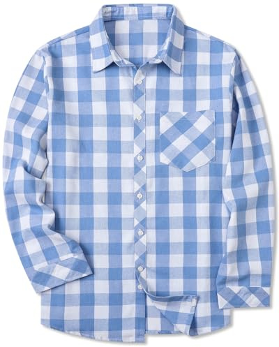 SANGTREE Boys and Mens Flannel Plaid Long Sleeve Casual Button Down Shirts, Blue White, 9-10 Years