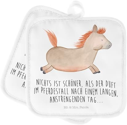 Mr. & Mrs. Panda 2er Set Topflappen Pferd Springen - Geschenk, Landwirtin, Ofenhandschuh, Bauernhof, Hoftiere, Pferdestall, Schöne Topflappen,