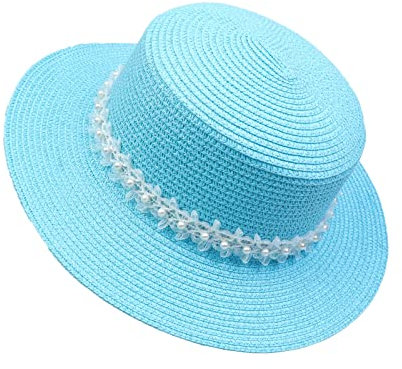 JK Home Strandhüte mit breiter Krempe, flache Oberseite, mit Spitze, Perlenband für Damen, Sonne, faltbarer Strohhut, UPF 50+, Sommer-Panama-Kappe, seeblau, Einheitsgröße