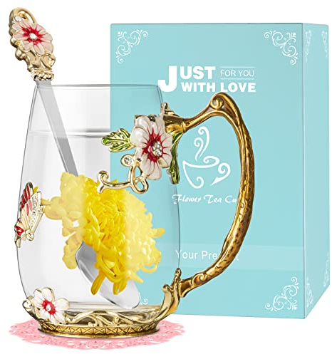 Wisolt Personalised Gifts for Women Teacher Christmas Gifts Flower Glass Tea Cup Gifts for Her Mum Wife Friend Anniversary Valentines Christmas Mothers Day Gifts Glass Coffee Cup Mugs with Spoon