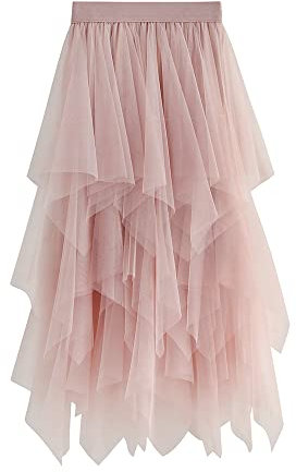Damen-Tüllrock, elastisch, hohe Taille, Blumendruck, Abgestuft, geschichtet, unregelmäßiges Mesh, Ballett, Abschlussball, Party, Tüll, Tutu, Midirock in A-Linie (B-Pink, ONE Size)