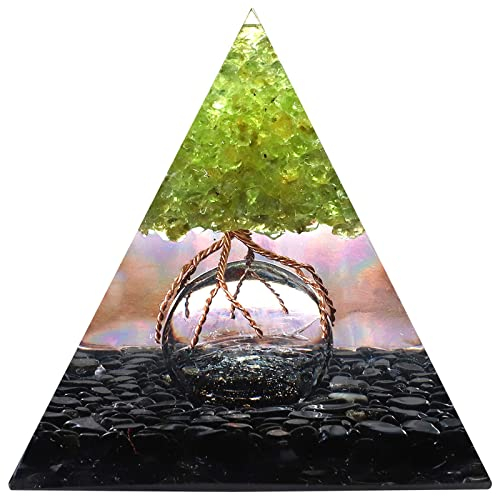 Nupuyai Peridot Tree of Life Obsidian Crystal Piramid with Glass Crystal Ball, Spiritual Healing Stone Pyramid Quartz Point Ornament for Protection Home Decor