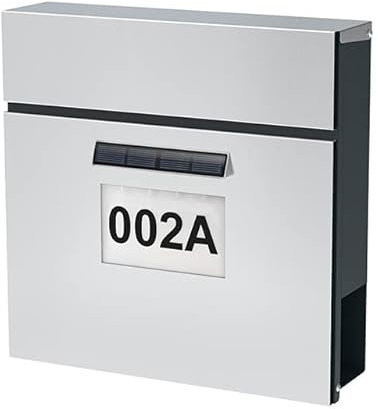 DWD® Modern Style Mailbox, Solar Led Light for House Number/Name,Wall Mounted Weatherproof Letterbox,Nameplate, Large Slot takes A4 Letters High Grade 201 Stainless Steel Front with Newspaper Holder
