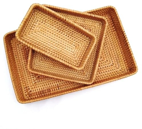 MYLPDZSW HHF Cesta Caja 3 unids/Set de Bandeja de Mimbre de ratán, Organizador Decorativo Rectangular for Mesa de café, Frutas, Bebidas, Aperitivos, Plato de baño Ropa Almacenamiento