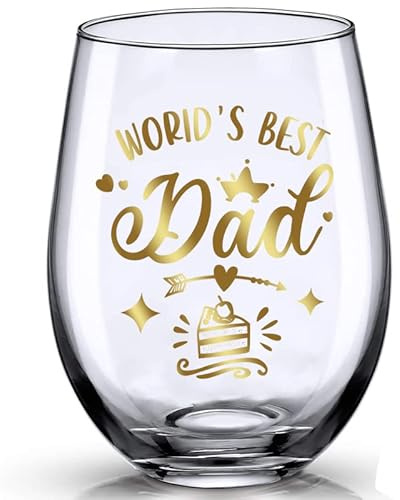 JUWNMANT Printed World's Best Dad Father's Day Gift - Stemless Wine Glass, Personalised Christmas Birthday Gift for Father from Son and Daughter, 17oz (World's Best Dad)