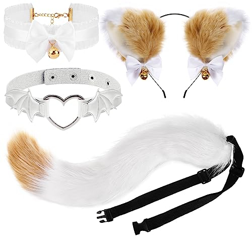 XEPST Katze Cosplay Kostüm Set, Schwanz und Ohren Set Faux Furry Fox Wolf Tail Kit mit Langer Fuchsschwanz und Ohren für Frauen Mädchen Cosplay Kostümfest Karneval Party Kostüm Dressing Parteien