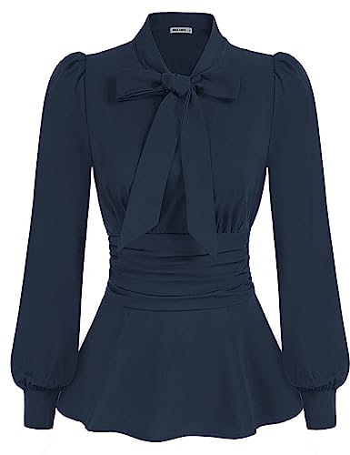 Damen Festlich Blusen Krawatte Party Blusen Langarm Gotisch Oberteil Damen Casual Blusen Dunkelblau XL