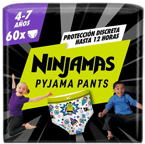 Dodot Pañal-Braguita Ninjamas, Talla 4-7 años (17-30 kg), 60 pañales tipo calzoncillo, pañal noche con Naves Espaciales, Protección Contra Fugas Toda La Noche