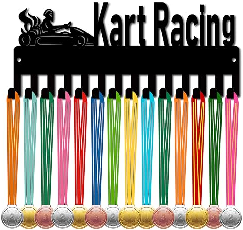 CREATCABIN Kart Racing Medaillenhalter Medaillenaufhänger Präsentationsständer Sport Metall Hängende Auszeichnungen Eisen Kleine Halterung Dekor Mit 14 Haken Für Heim Abzeichen Fußball Schwarz 29x12cm