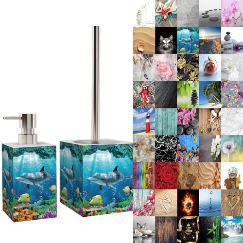 Sanilo Badezimmer Set, Seifenspender und WC Bürste mit Motiv, große Auswahl, Klobürste ohne Bohren, schöne Designs (Delphin Korallen)