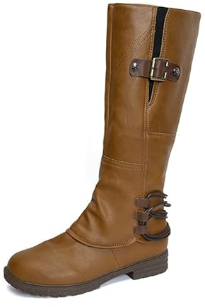 BIISDOST Stivali vintage da donna in pelle ad alta barilotto quadrato con tacco alla moda da donna, antiscivolo, impermeabili, in pelle, con chiusura lampo, stivali alti al ginocchio, colore nero,