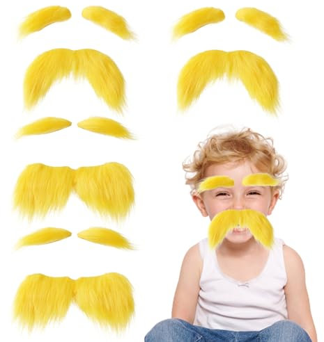 Wedhapy Blonde Schnurrbart gelber Schnurrbart und Augenbrauen Set 4pcs gefälschter Bart ＆ Augenbrauen Selbstklebende lustige Cosplay Kostümzubehör für Halloween Festival Dress up Party Gefälligkeiten
