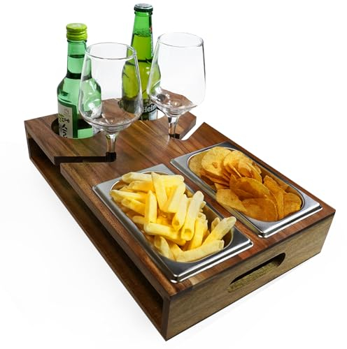 GOURDBRO Vassoio Bamboo, Vassoio da Portata con Portabevande e 2 Ciotole Snack in Acciaio Inox, Vassoio da Divano per Uomo, Vassoio Rettangolare Adatto per Soggiorno Sala da Pranzo Picnic