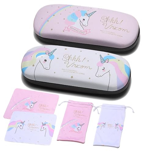 Hartschalen-Brillenetui aus PU-Leder Tragbare Reise-Brillentasche,Guador 2 Brillenetui Set mit Mikrofaser Brillenputztuch Brillenbeutel Brillenbox Männer Frauen Mädchen Reisen Studium Arbeit (Einhorn)