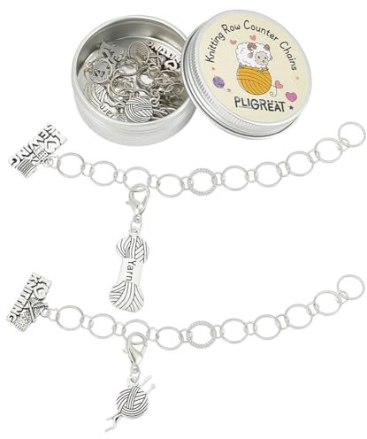 PLIGREAT 2 Sets Knitting Row Counter Chains Silver Yarn Ball Charms Crochet Locking Stitch Marker Rings Knitting Tool Kit with Storage Tin Box Gifts for Grandma Mom Tailors DIY Crafts Accessories