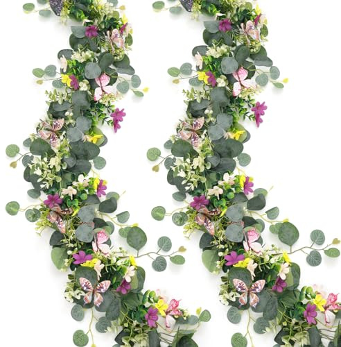 ASTNIC 2 Pack 5.68 FT Artificial Daisy Garland with 3D Butterfly, Hanging Fake Flowers Greenery Eucalyptus Garland Floral Vines for Wedding Table Home Room Spring Summer Decor