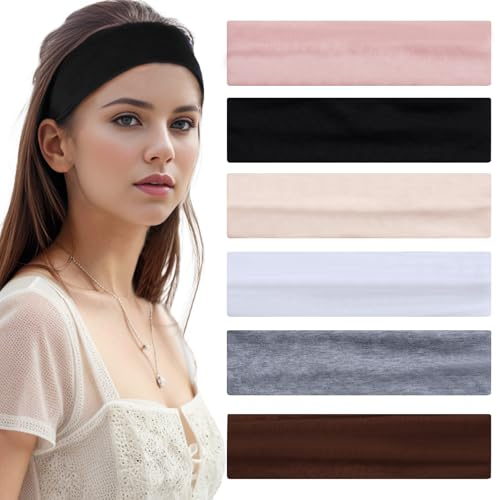 Pack of 6 Women's Sports Headbands Elastic Women's Summer Thin Hair Bands Soft Yoga Fitness Running Headbands (Black, White, Grey, Pink, Brown, Beige, One Size)