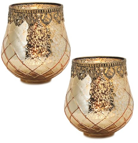 Vintage Windlicht Kerzengläser gold 2er Set in 14 cm - Modernes Windlichtglas als Kerzenständer Laterne und Teelichthalter - Boho Kerzenhalter Teelichtglas als Tisch-Deko, Balkon, Hochzeit