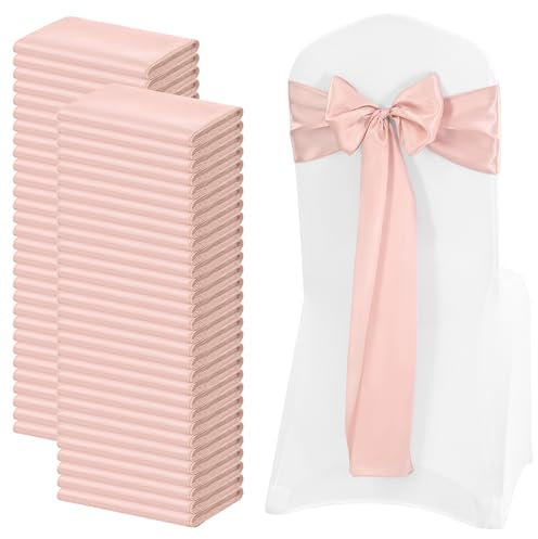 FXKS 100 PCS Satin Chair Sashes Rose Gold Bows Sashes for Chair Covers, Washable Reusable Chair Cover Back Tie Supplies for Wedding Reception Events Banquets Home Kitchen Decoration (7 x 108 inch)