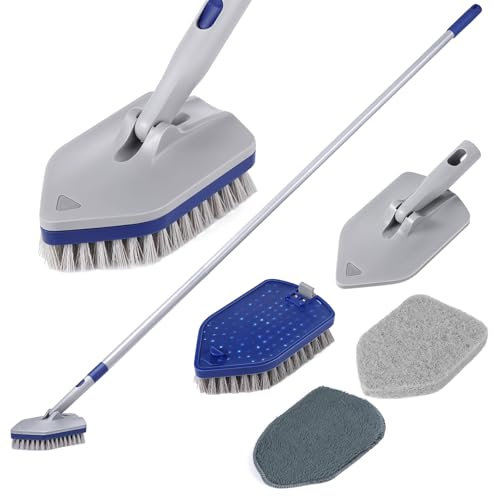 3-In-1 Schrubber mit Stiel, 142cm Verstellbar Lang Griff Reinigungsbürste Bad mit 3 Austauschbarer Bürstenköpfen, Schrubberbürste für Badewanne Fliesen Boden Wand
