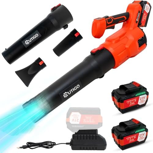 OUTIGO Soffiatore per foglie a batteria con 2 batterie da 4,5 Ah, velocità del vento 49 m/s, modalità a doppia velocità, soffiatore per foglie leggero per soffiare le foglie, pulire il cortile