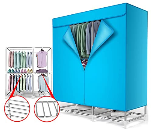 Electric Clothes Dryer Airer with Hot Air Fan for Quick Drying Indoor Heated Clothes Drying Cabinet (1800W Blue Stainless Steel)