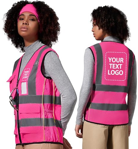 AYKRM Gilets haute visibilité femme Rose imprimés personnalisés Fermeture à glissière poches LOGO Gilet de sécurité réfléchissant Rose femme